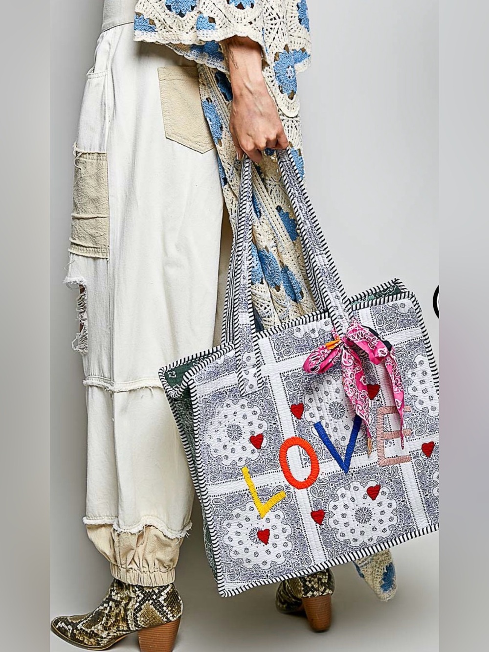 POL LOVE Patchwork Tote Bag with Pink Scarf Accent